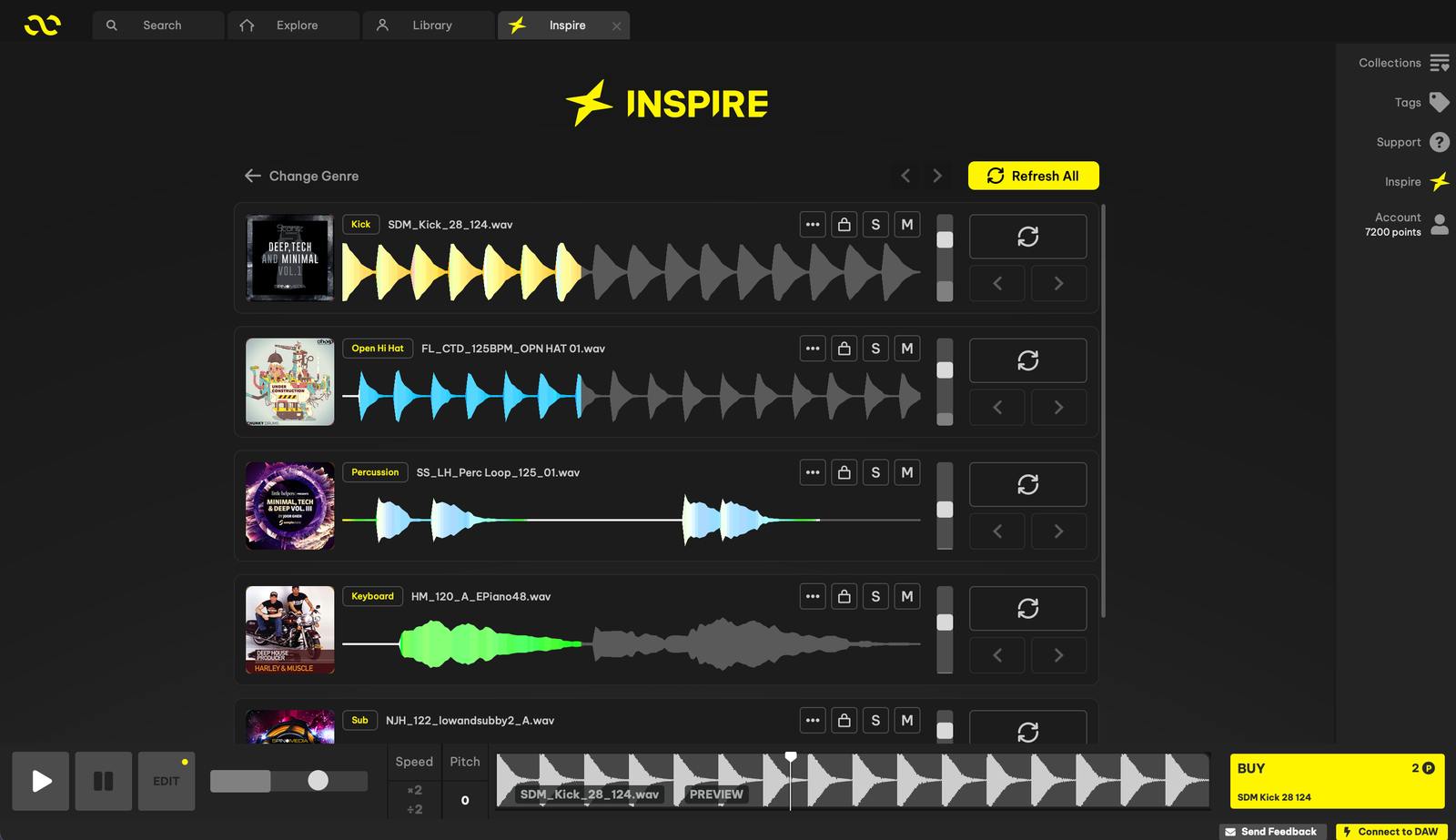 Loopcloud Inspire arranging kick, hi-hat, percussion and keyboard samples