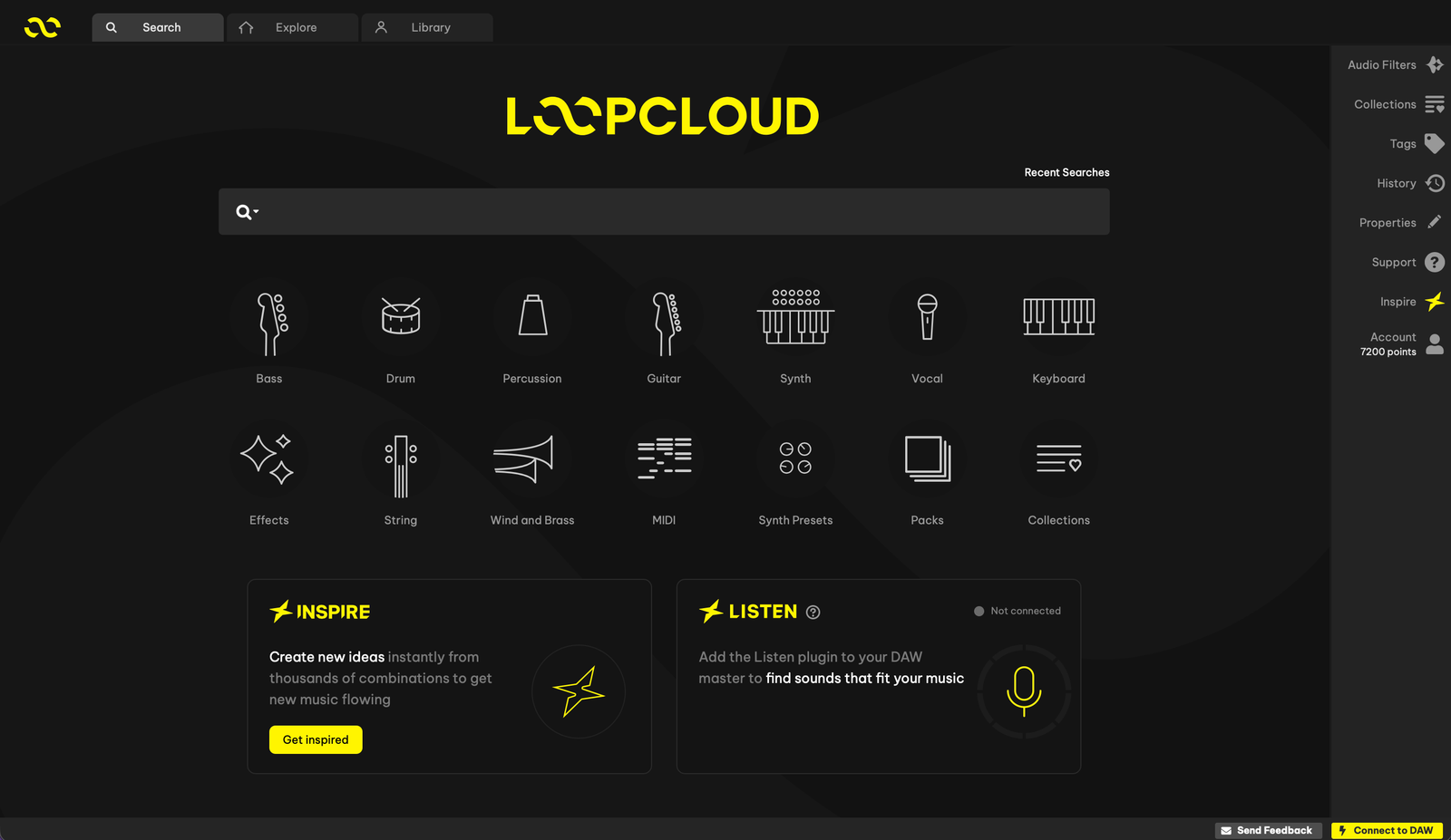 Loopcloud 8 interface showing sample search, instruments, Inspire and Listen